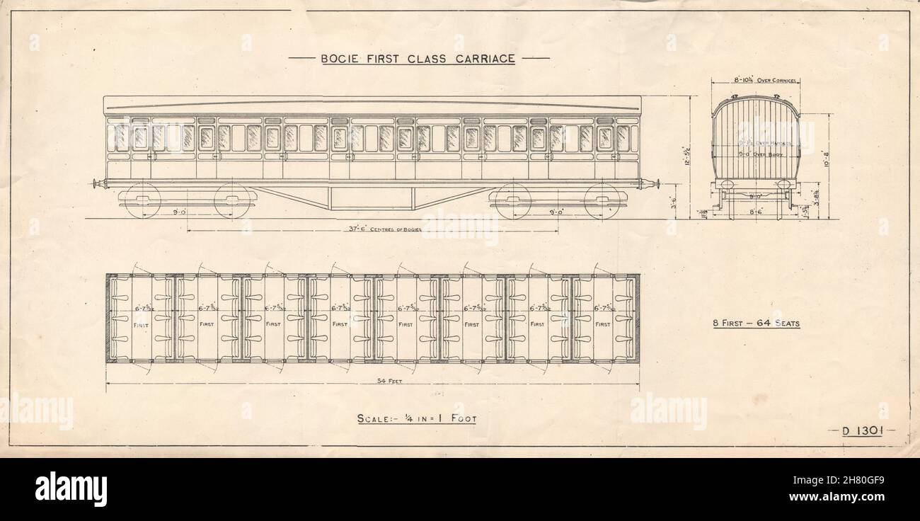 Bogie First Class carriage D1301. Rail engineering drawing c1925 old print Stock Photo