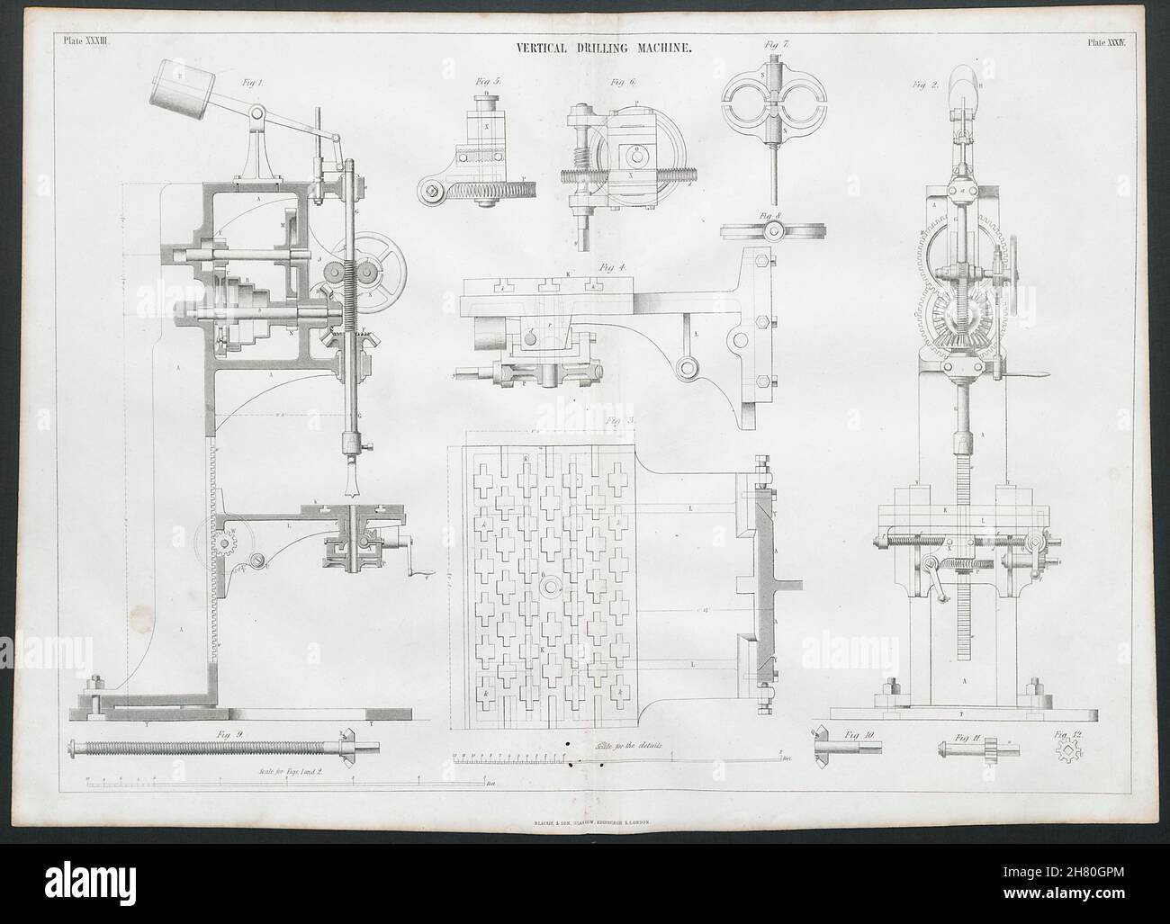 VICTORIAN ENGINEERING DRAWING Vertical drilling machine 1847 old antique print Stock Photo