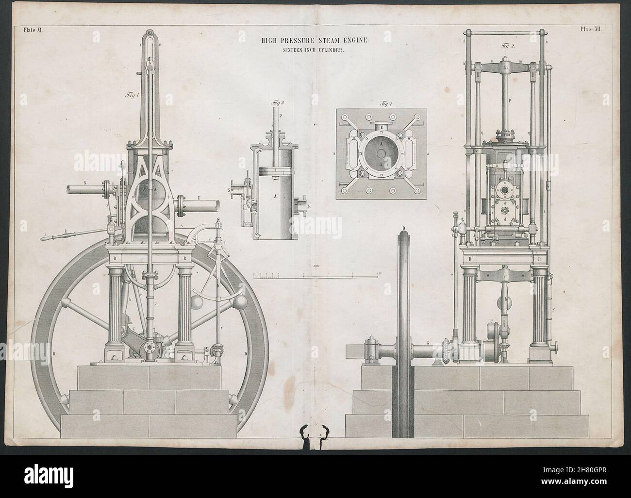 VICTORIAN ENGINEERING DRAWING High pressure steam engine, 16 inch cylinder 1847 Stock Photo
