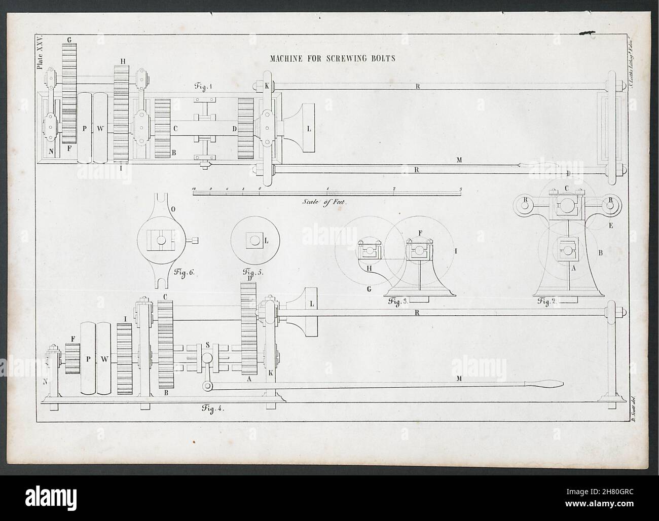 VICTORIAN ENGINEERING DRAWING Machine for Screwing Bolts 1847 old print