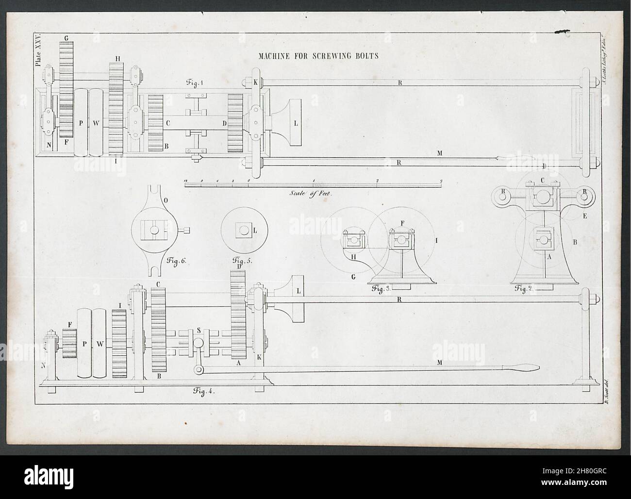 VICTORIAN ENGINEERING DRAWING Machine for Screwing Bolts 1847 old print Stock Photo