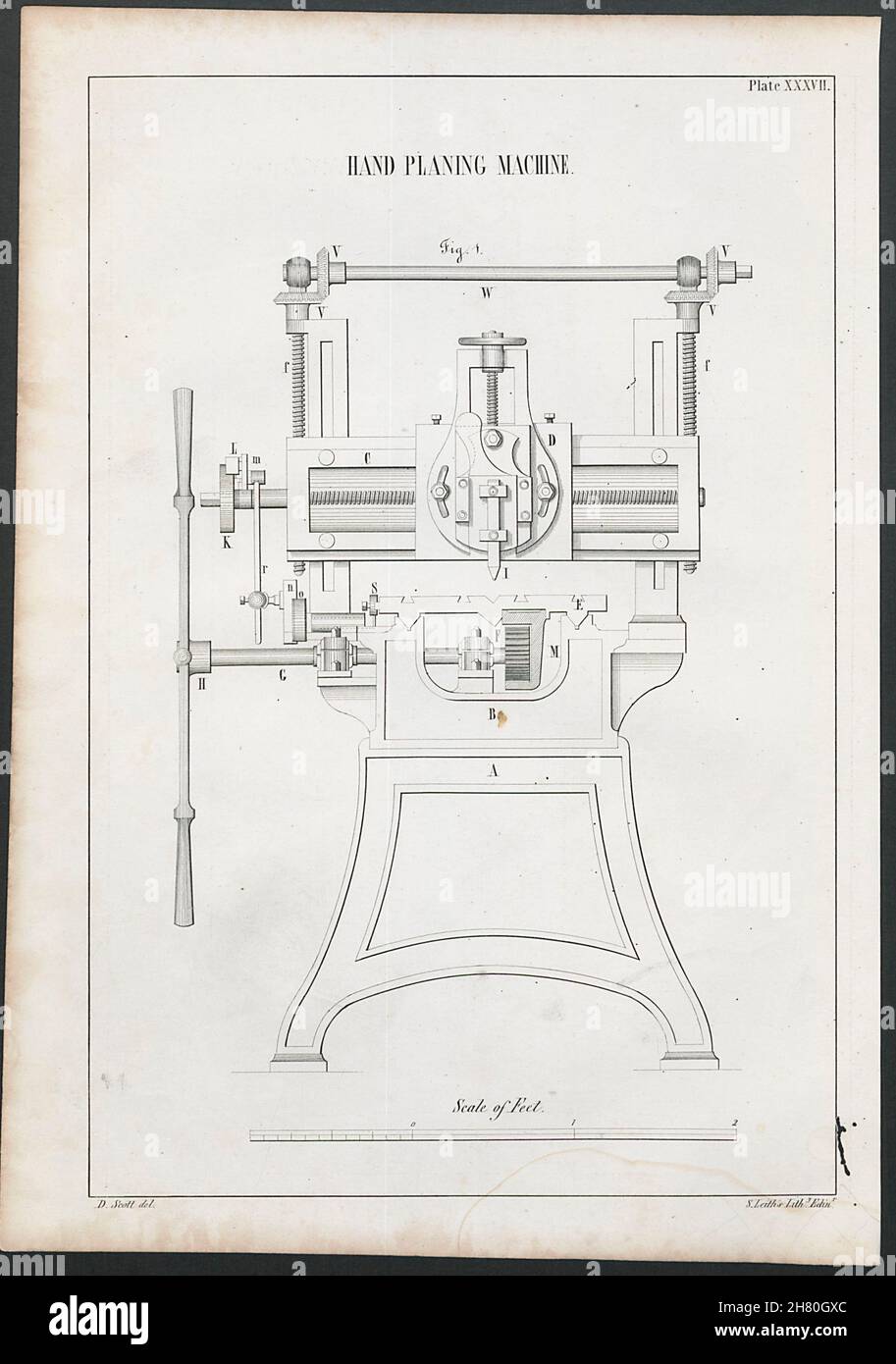 VICTORIAN ENGINEERING DRAWING Hand planing machine. Fig 1 1847 old print Stock Photo Alamy