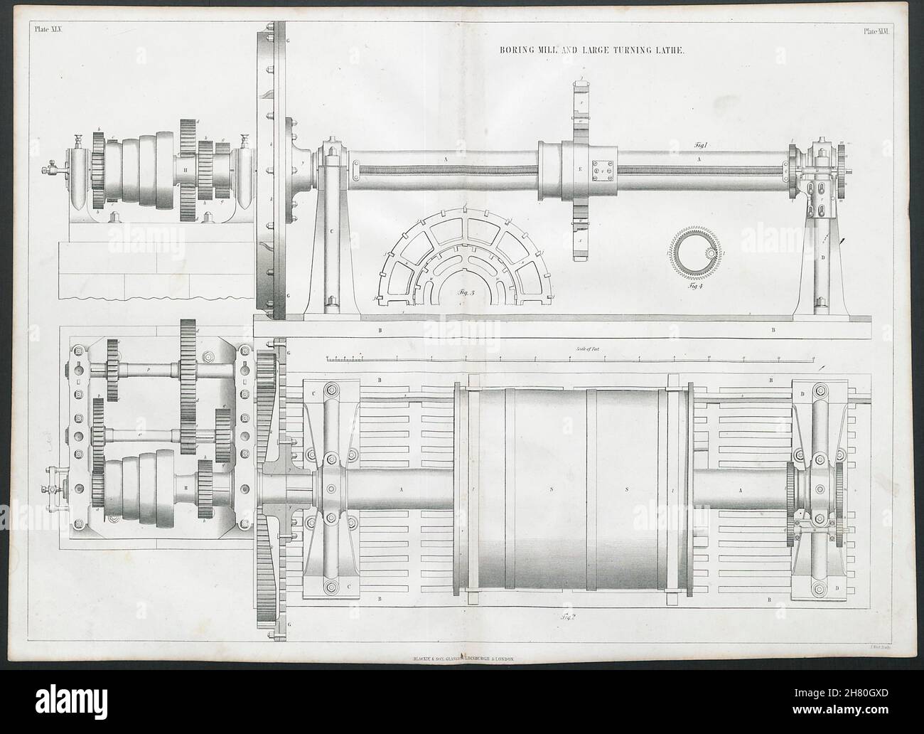 VICTORIAN ENGINEERING DRAWING Boring mill and large turning lathe 1847 print Stock Photo