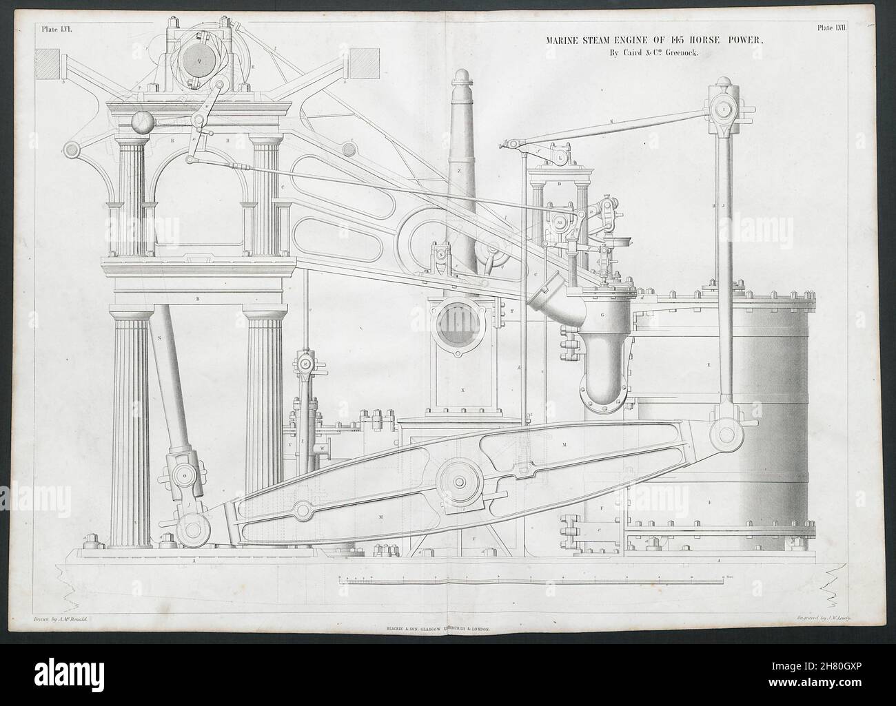 19C ENGINEERING DRAWING 145 HP marine steam engine. Caird & Co ...
