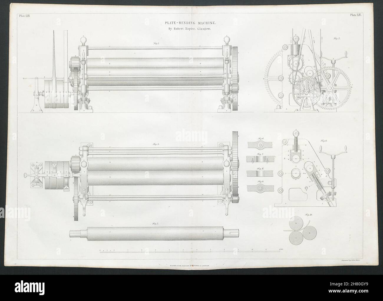 VICTORIAN ENGINEERING DRAWING Plate-bending machine. Robert Napier Glasgow 1847 Stock Photo