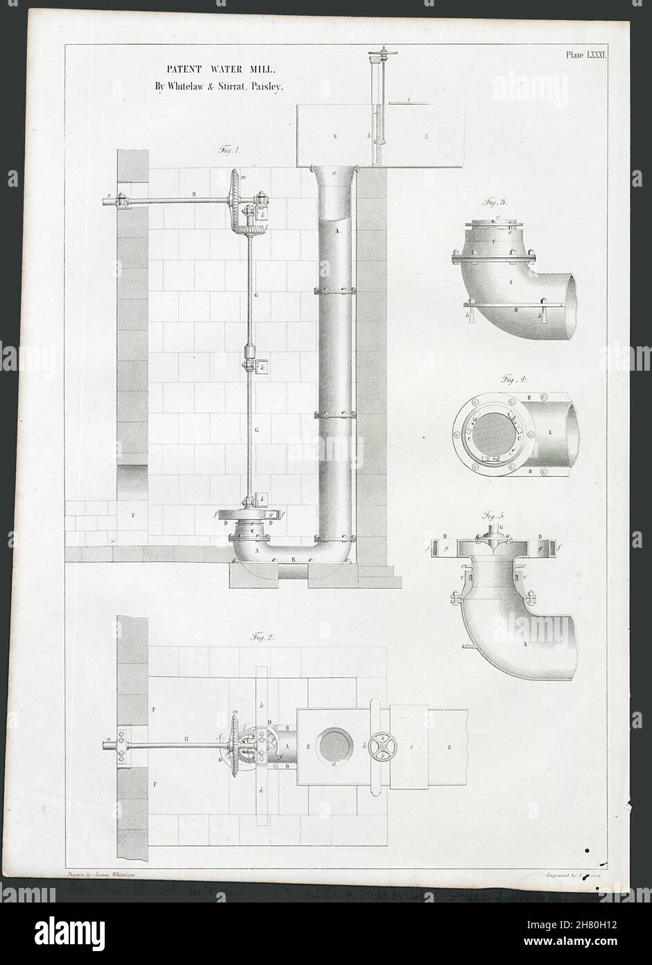 VICTORIAN ENGINEERING DRAWING Patent water mill. Whitelaw & Stirrat Paisley 1847 Stock Photo