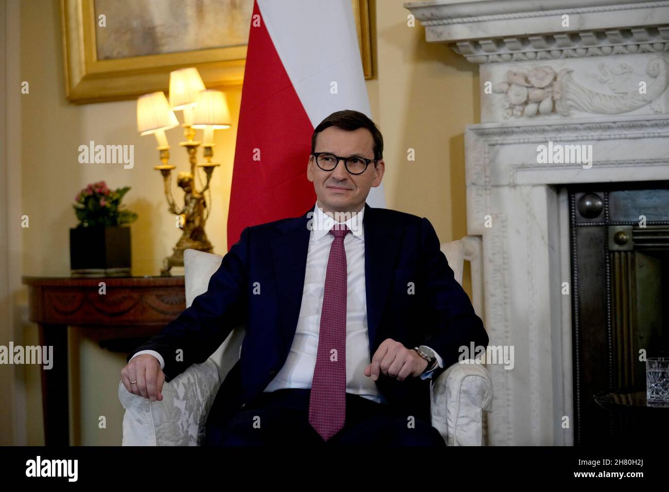 Prime Minister of the Poland Mateusz Morawiecki listens to Prime Minister Boris Johnson in 10 Downing Street, London, ahead of a bilateral meeting. Picture date: Friday November 26, 2021. Stock Photo