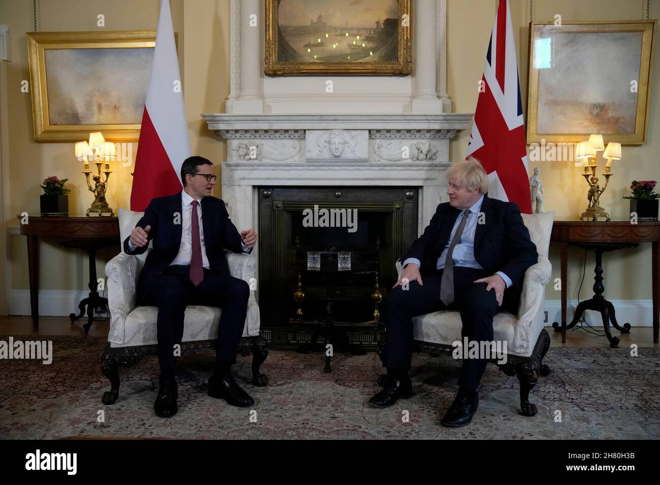 Prime Minister Boris Johnson and Prime Minister of the Poland Mateusz Morawiecki, in 10 Downing Street, London, ahead of a bilateral meeting. Picture date: Friday November 26, 2021. Stock Photo