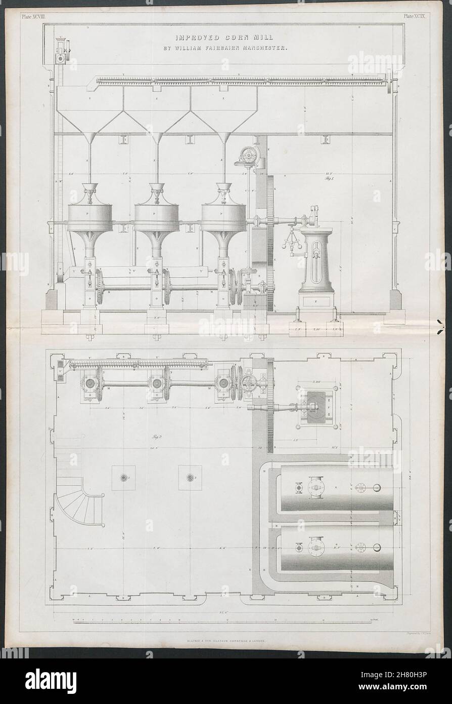 19C ENGINEERING DRAWING Improved corn mill by William Fairbairn. Manchester 1847 Stock Photo