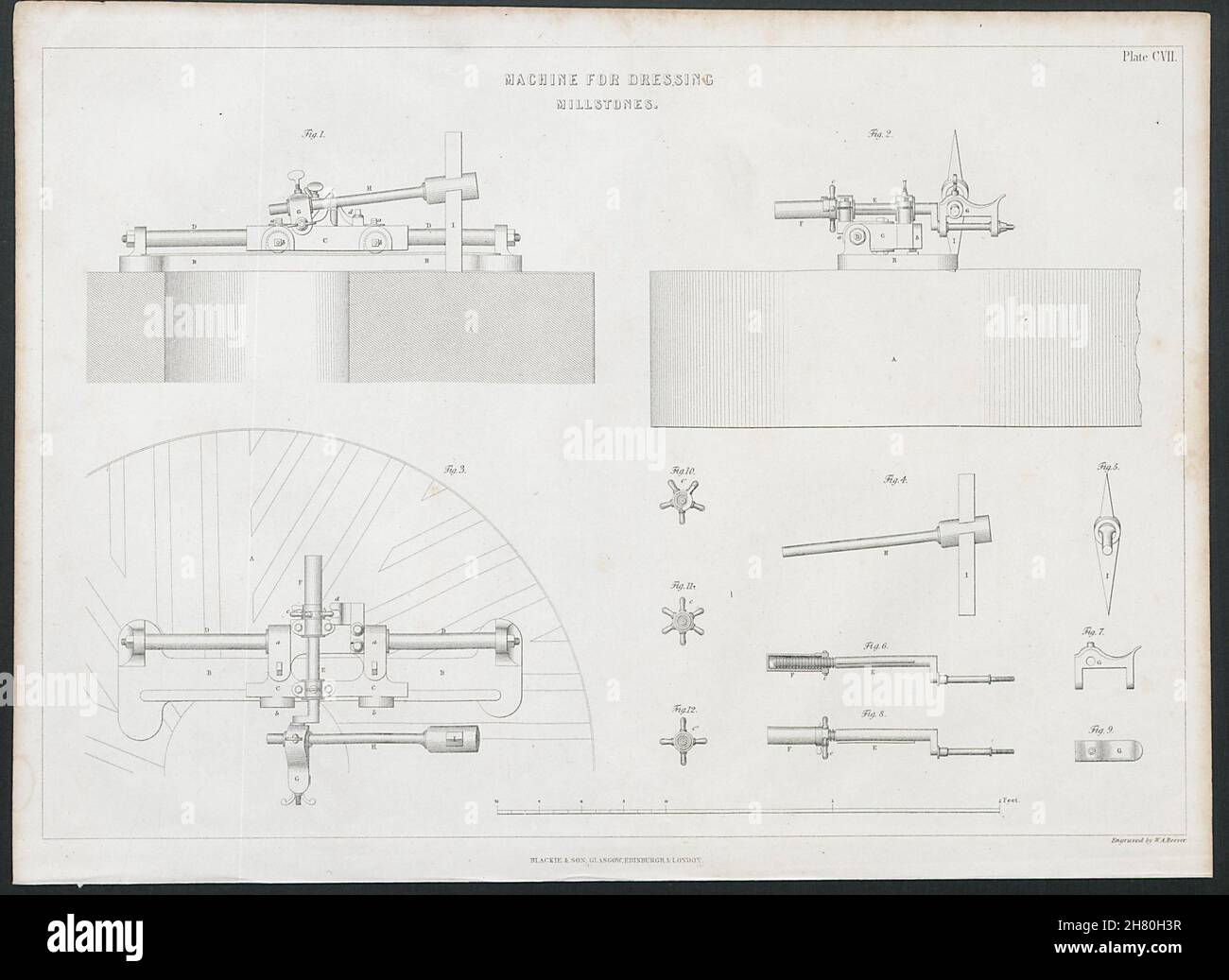 VICTORIAN ENGINEERING DRAWING Machine for dressing millstones 1847 old print Stock Photo