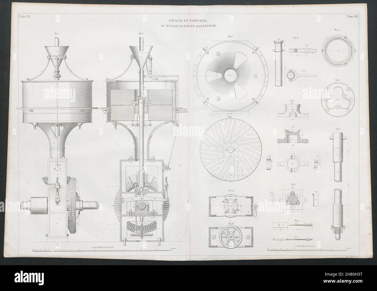 19C ENGINEERING DRAWING Details of corn mill. William Fairbairn, Manchester 1847 Stock Photo