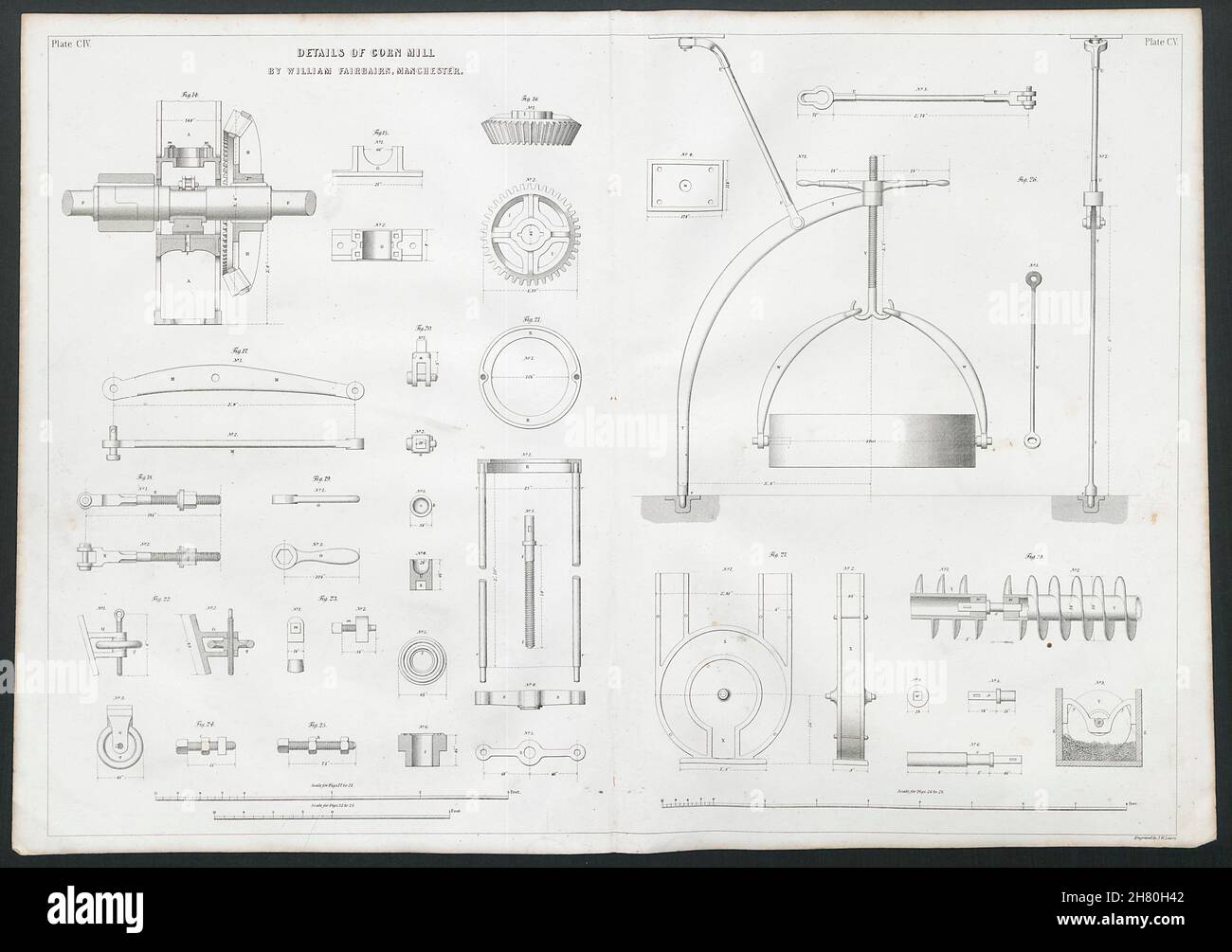 19C ENGINEERING DRAWING Corn mill details. William Fairbairn, Manchester 2 1847 Stock Photo