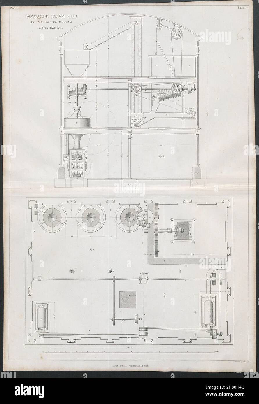 19C ENGINEERING DRAWING Improved corn mill. William Fairbairn, Manchester 1847 Stock Photo