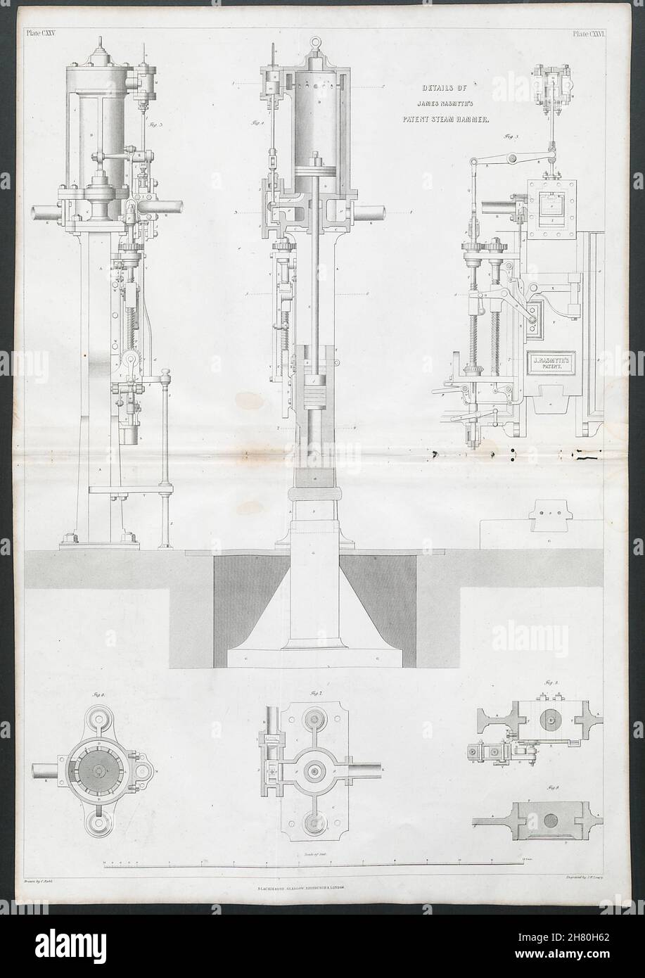 VICTORIAN ENGINEERING DRAWING James Nasmyth's patent steam hammer details 1847 Stock Photo