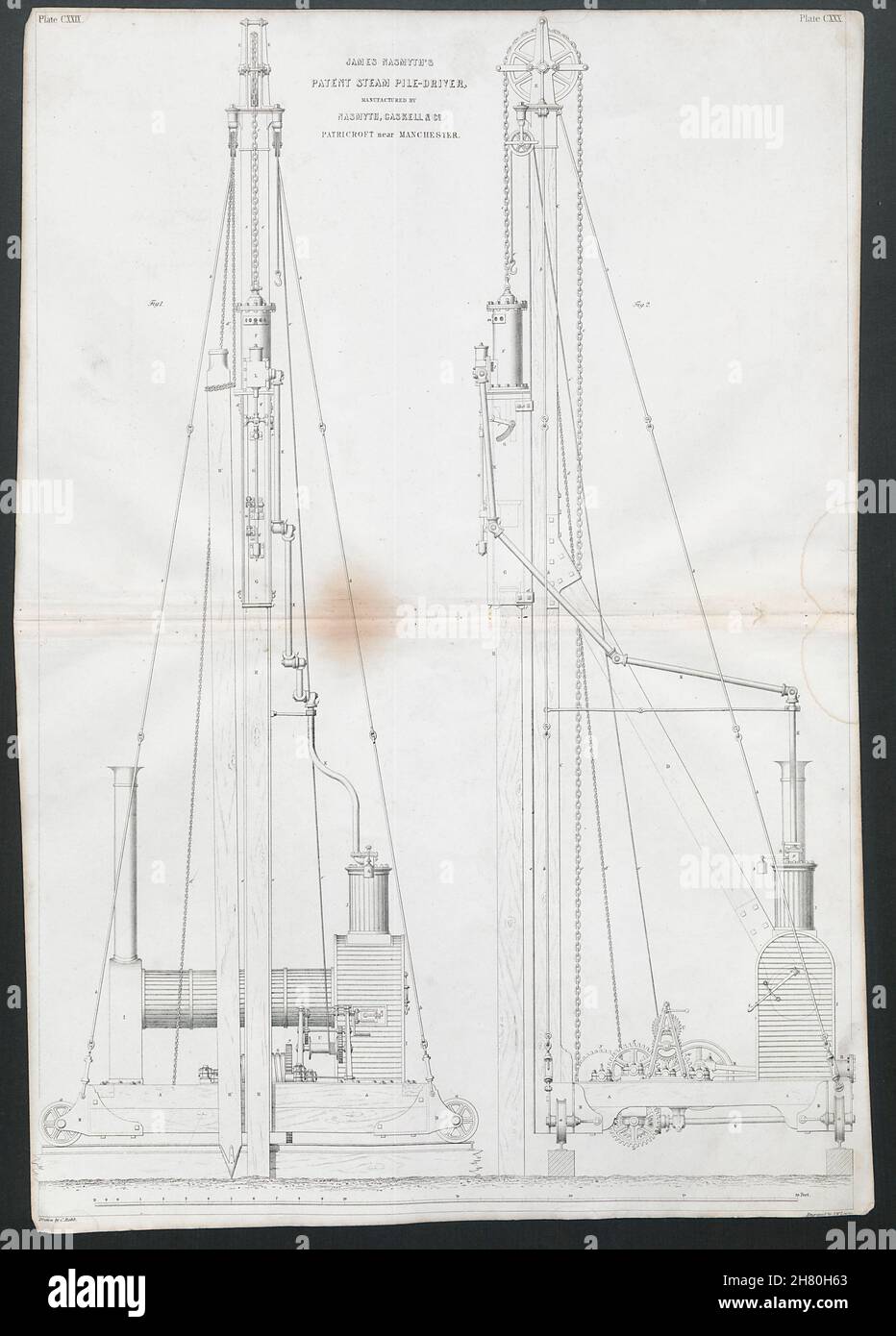 19C ENGINEERING DRAWING Patent steam pile-driver. James Nasmyth, Patricroft 1847 Stock Photo