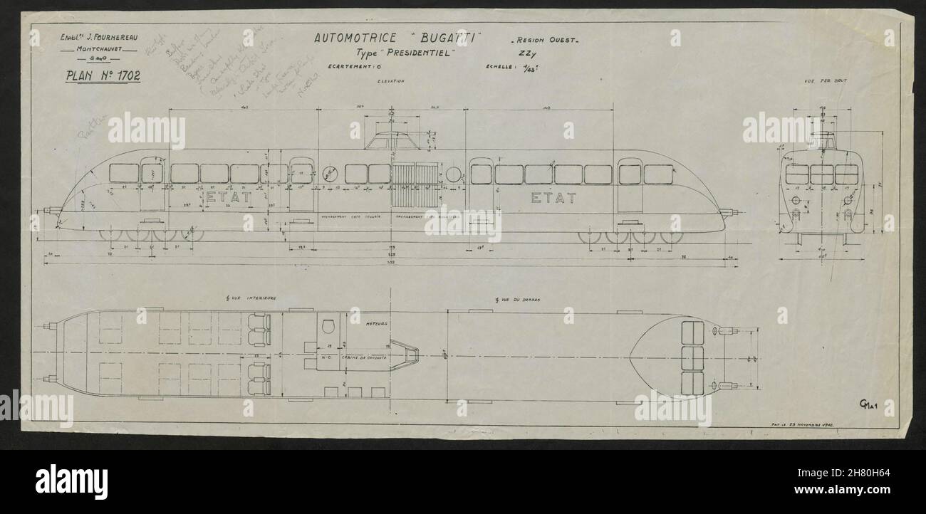 Automotrice Bugatti 'Presidentiel'. French Autorail locomotive drawing 1942 Stock Photo