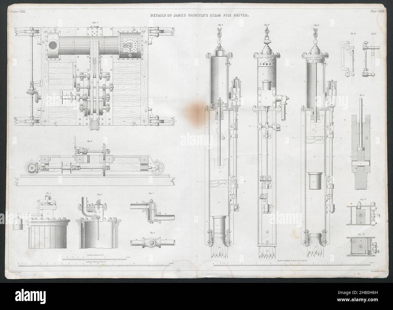 VICTORIAN ENGINEERING DRAWING James Nasmyth's steam pile driver details 1847 Stock Photo