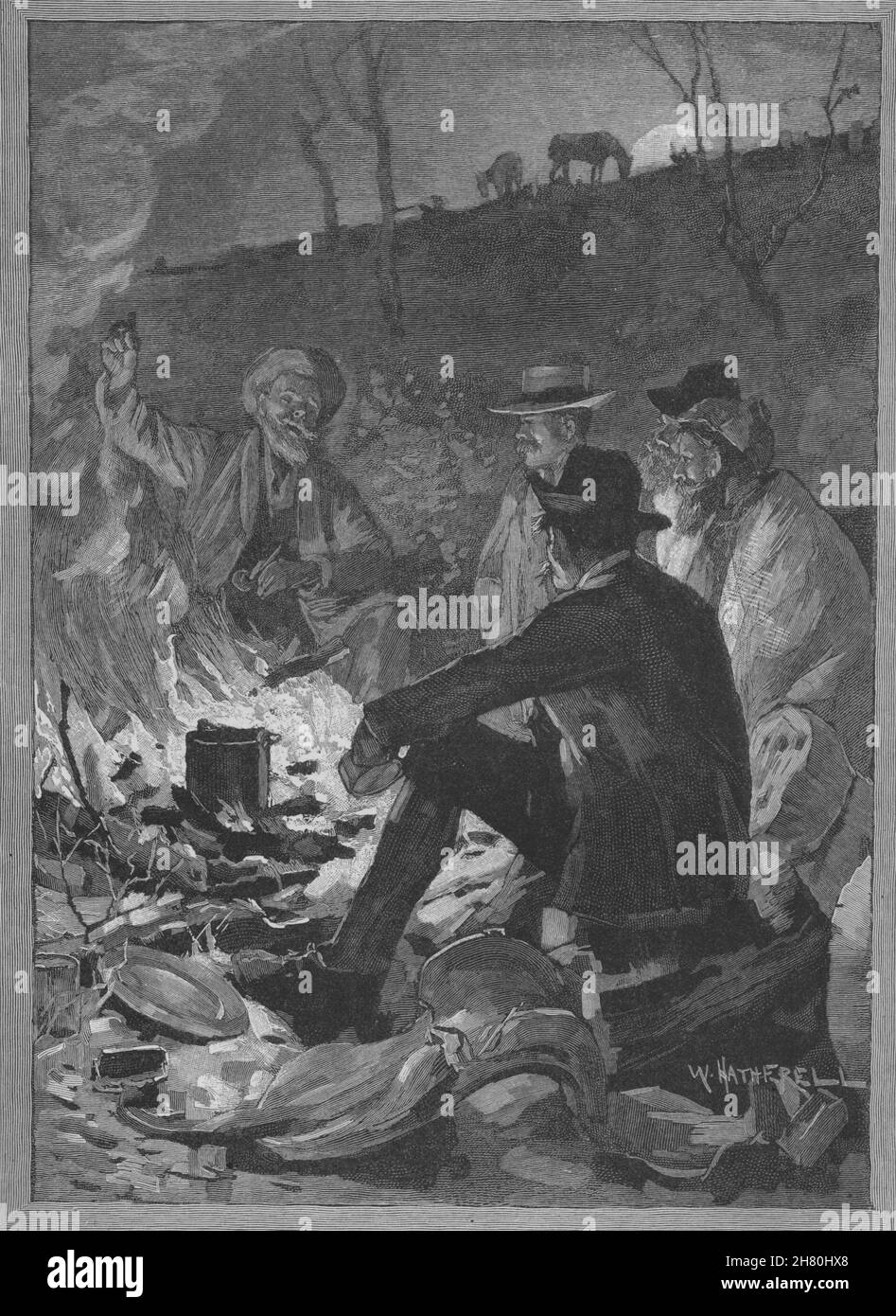 'Round The Roaring Fire '. Queensland. Australia 1890 old antique print Stock Photo