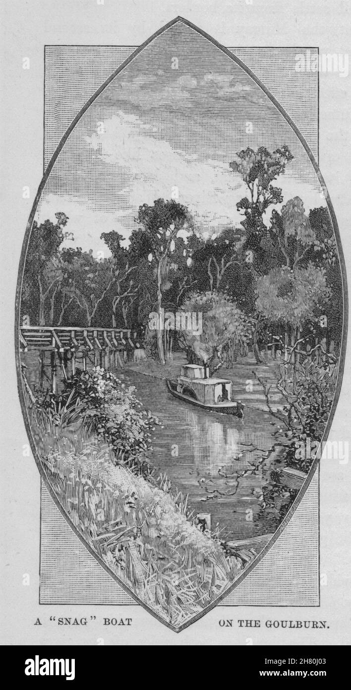 A ' Snag ' Boat on the Goulburn. The Murray river basin. Australia 1890 print Stock Photo
