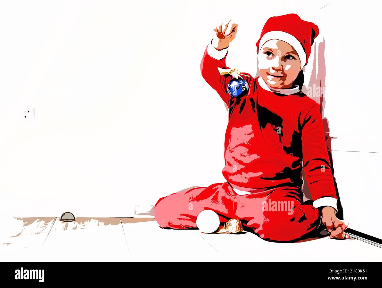 Illustration. Little boy in the form of a Santa Claus smiling, standing on a white background Stock Photo