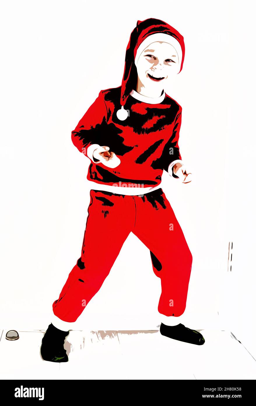 Illustration. Little boy in the form of a Santa Claus smiling, standing on a white background Stock Photo