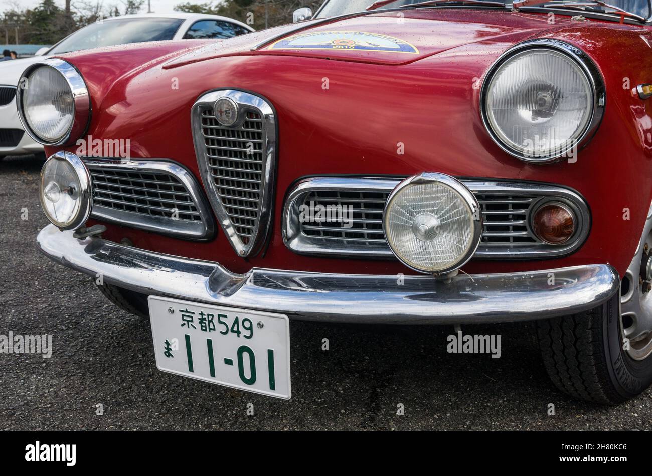 Close up detail of a red Alfa Romeo Giulietta Sprint classic Italian sports car Stock Photo