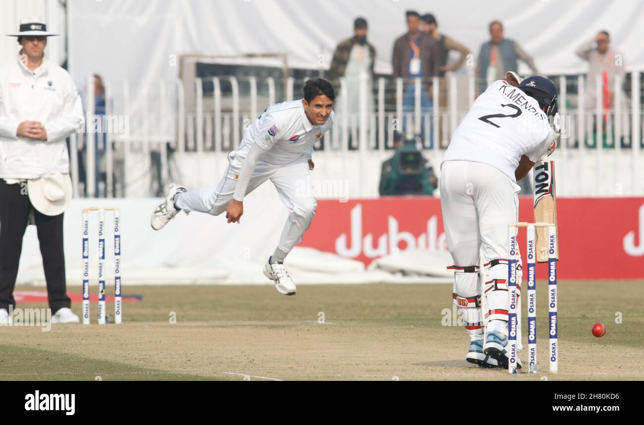 Pakistani bowler Muhammad Abbas bowls the Sri Lankan batsman Stock Photo