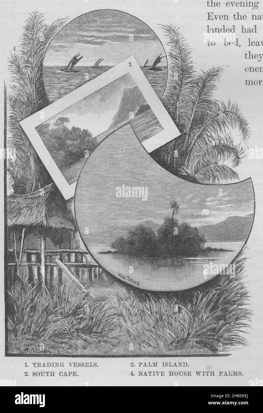 Trading Vessels. South Cape. Palm Island. Native house Palms. New Guinea 1890 Stock Photo