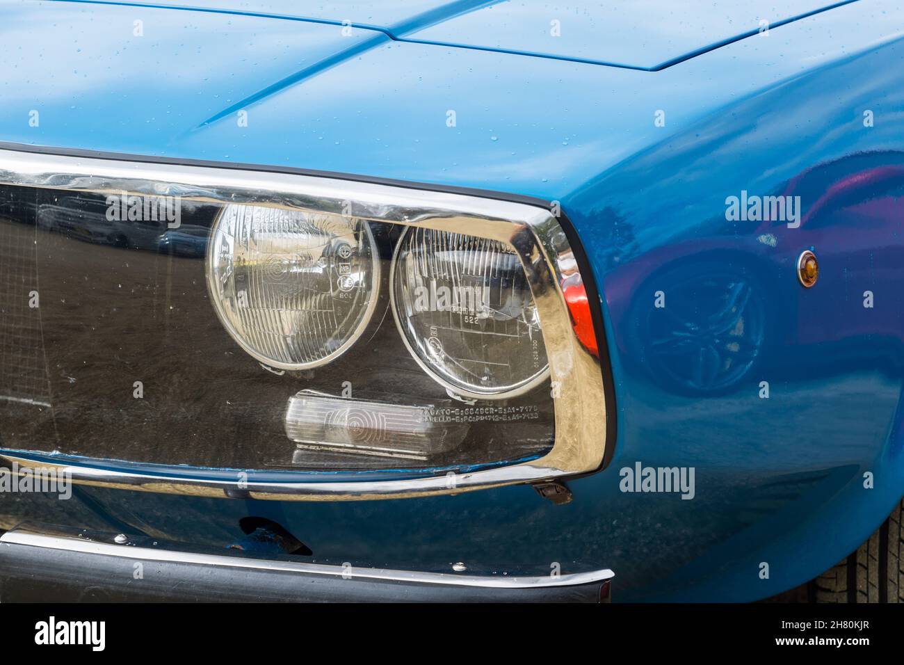 Close up detail of on a blue Alfa Romeo Junior Z Zagato classic Italian sports car coupe Stock Photo