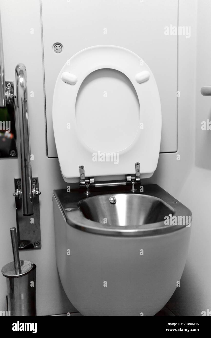Sverdlovsk Oblast, Russia - November 05, 2021: vacuum toilet in a passenger train carriage Stock Photo