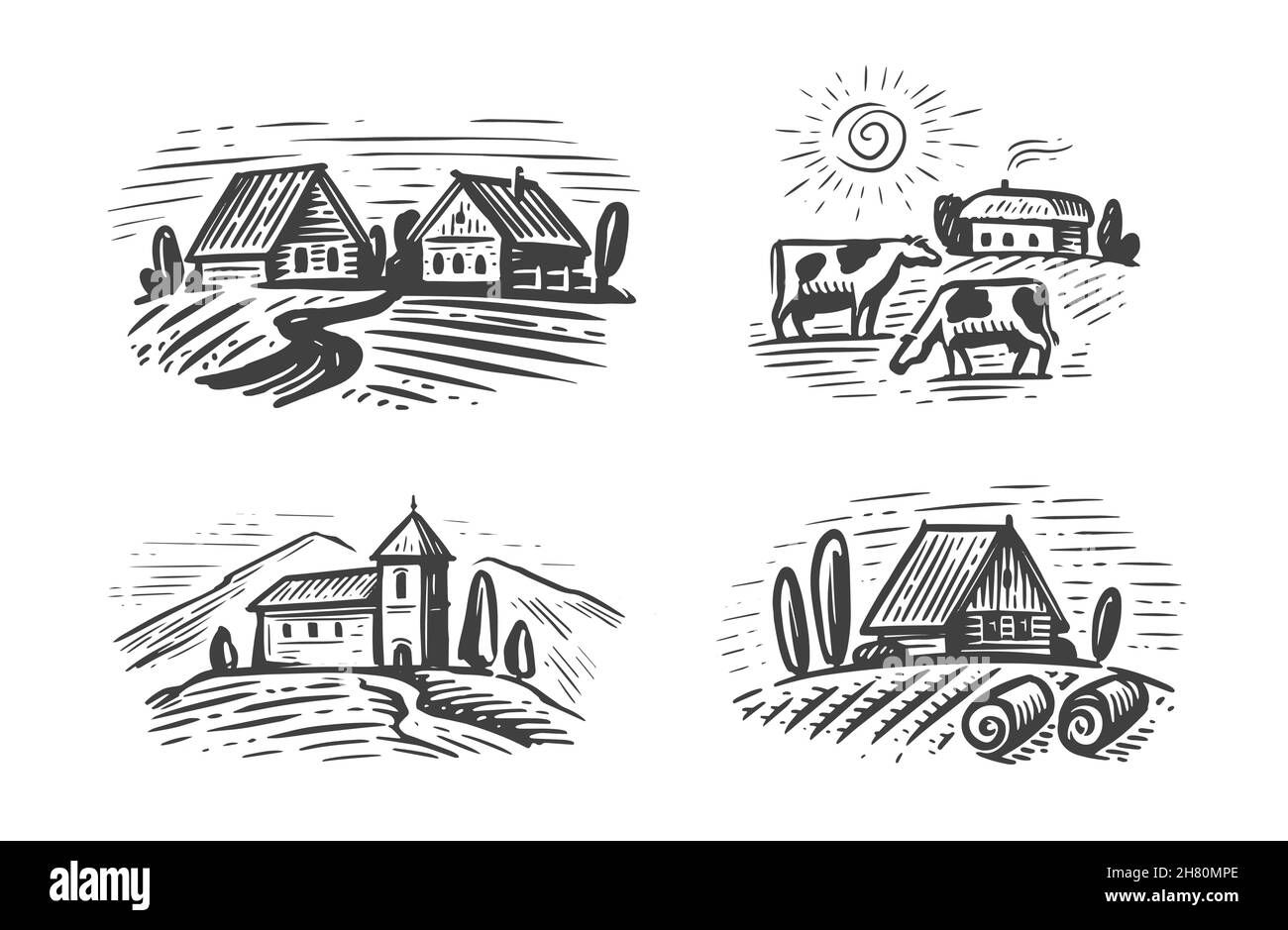 Farm emblems set on white background. Agriculture, farming concept vector illustration Stock Vector