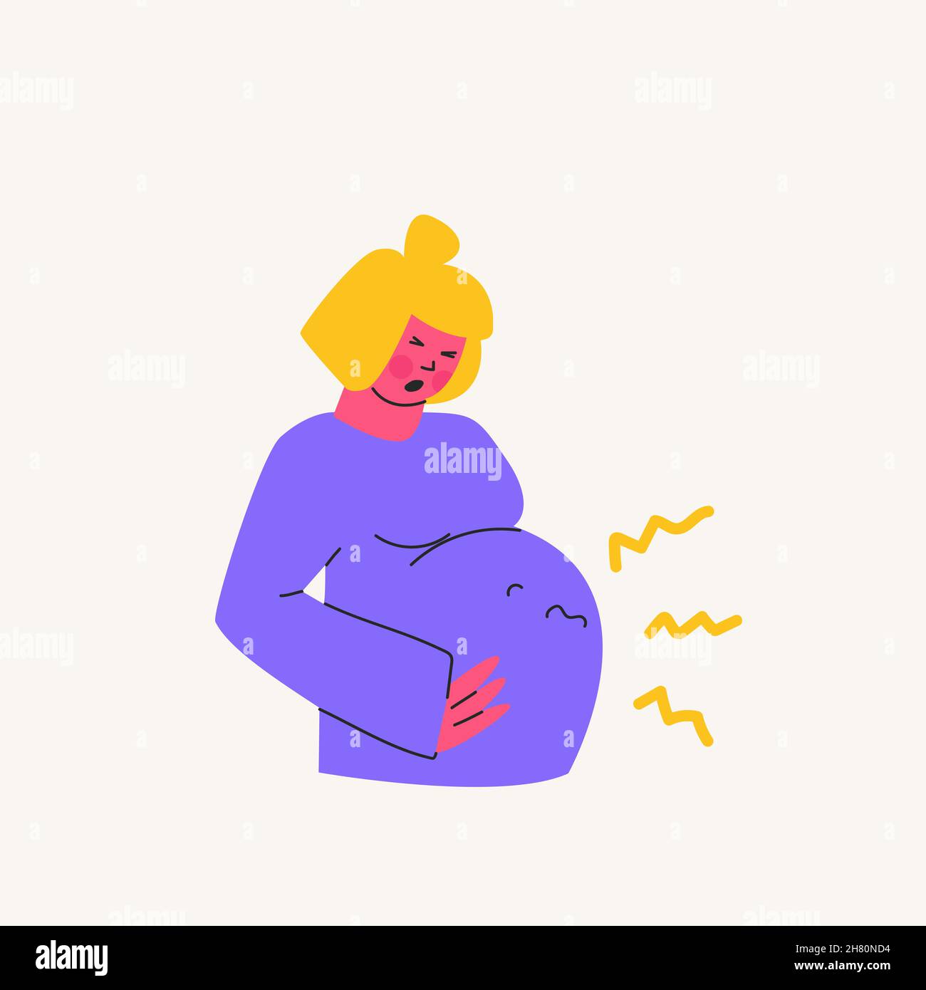 The pregnant woman screams, grimaces in pain. Symptoms.and problems associated with expecting a baby. The child moves inside. Vector cartoon Stock Vector