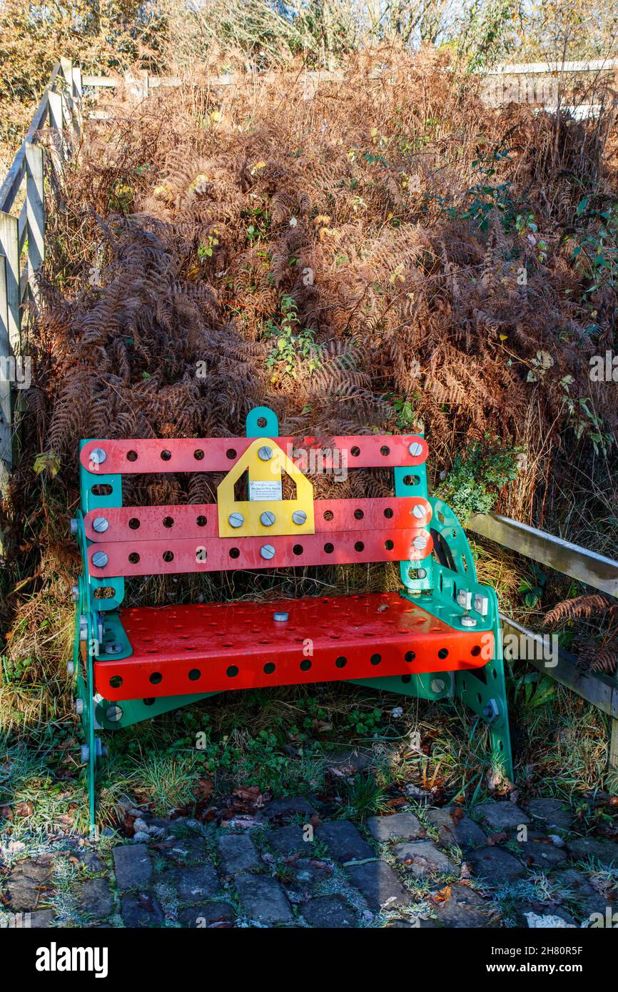 The Meccano garden seat at Nob End on a November's day in 2021 Stock Photo