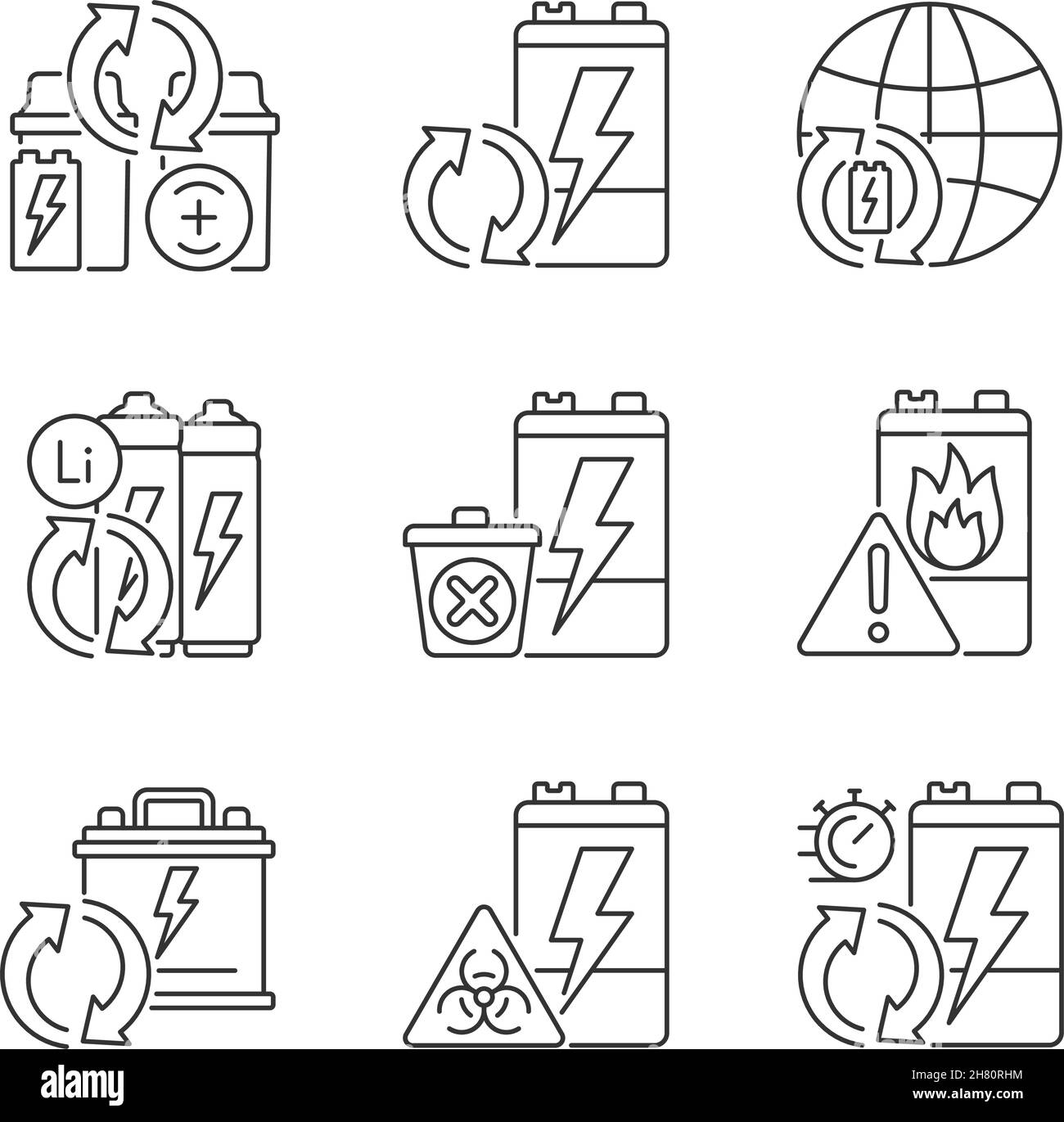 Battery reuse linear icons set Stock Vector