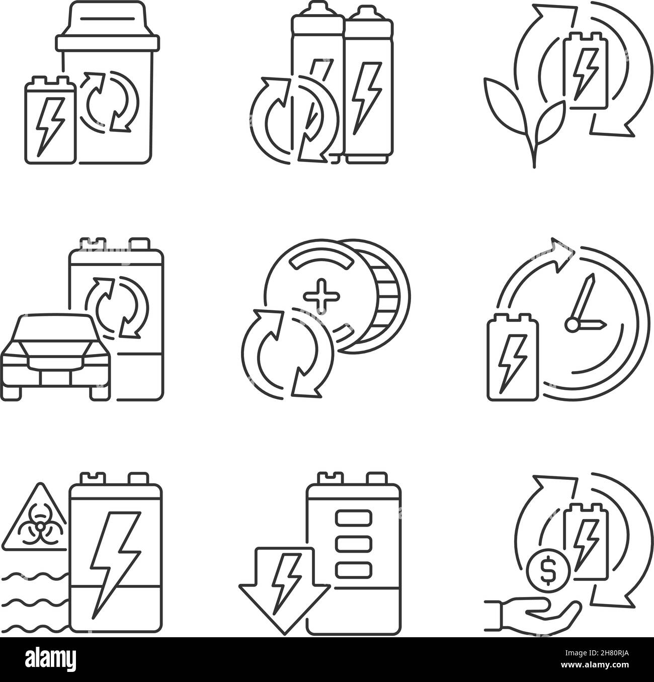 Battery processing linear icons set Stock Vector