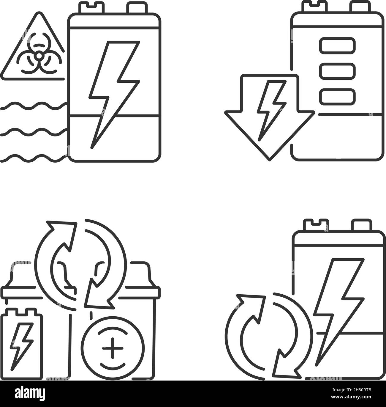 Battery reuse linear icons set Stock Vector