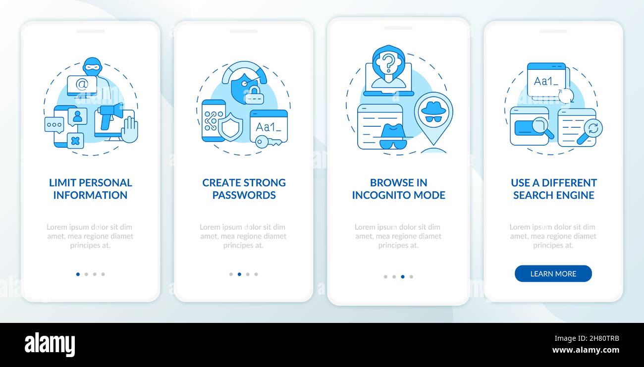 Internet browsing safety tips onboarding mobile app page screen Stock ...