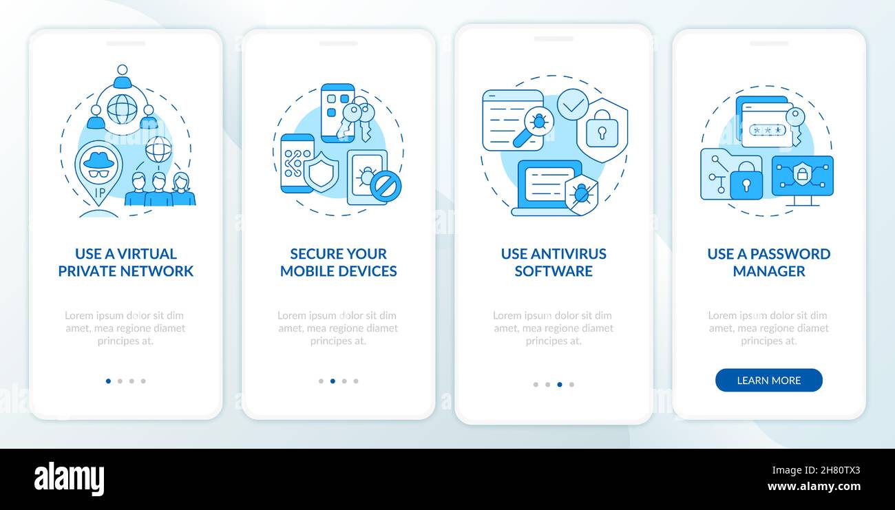 Personal info protection tips onboarding mobile app page screen Stock Vector