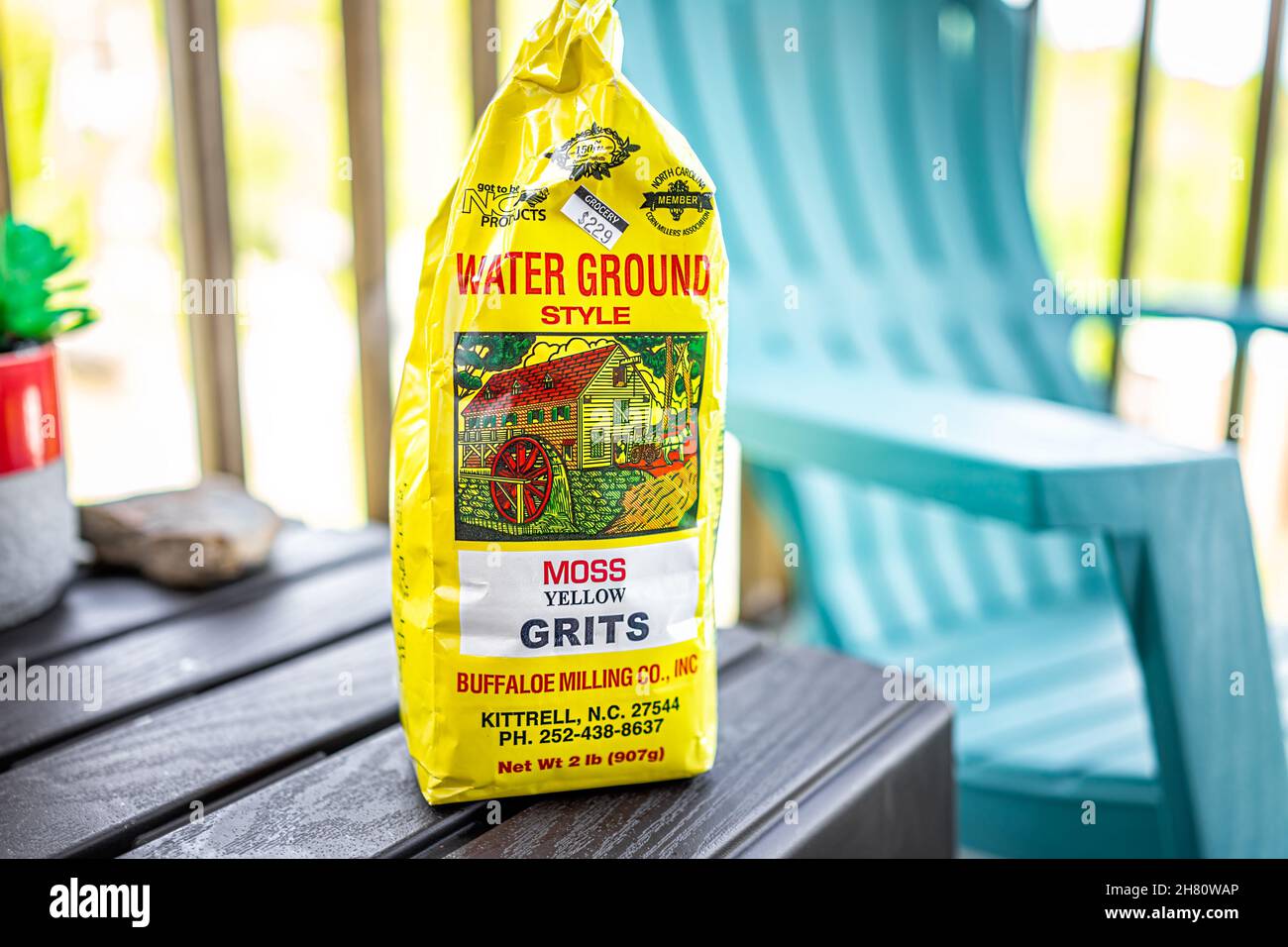 Sugar Mountain, USA - May 31, 2021: Brand sign text for Buffaloe Milling Company NC products for moss yellow grits water ground style and price label Stock Photo