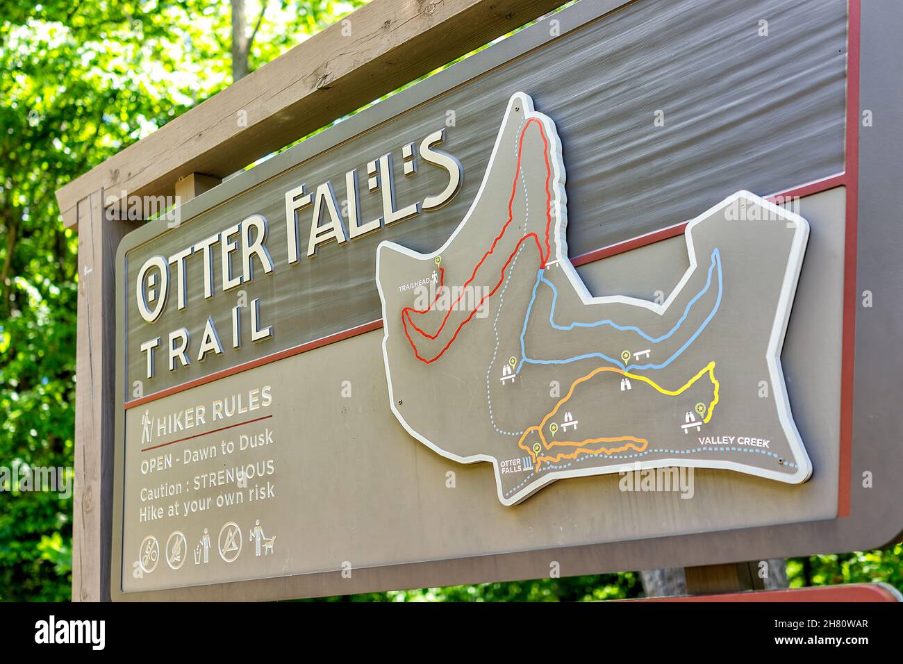 Seven Devils, USA June 4, 2021 Sign for Otter Falls trail map in