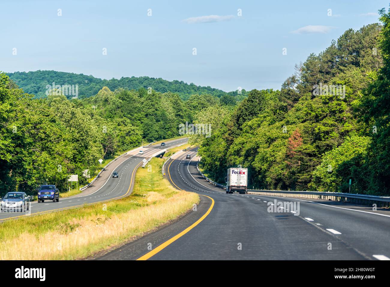 Front Royal, USA May 27, 2021 Green summer forest trees in rural countryside in Virginia Blue