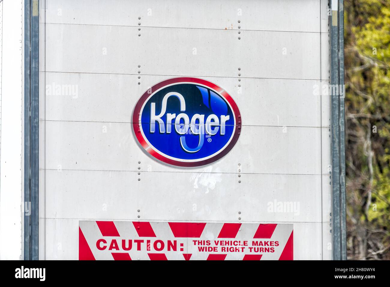 Charlottesville, USA - April 15, 2021: Highway road in Virginia with Kroger delivery truck in traffic closeup of logo on back of vehicle for supermark Stock Photo