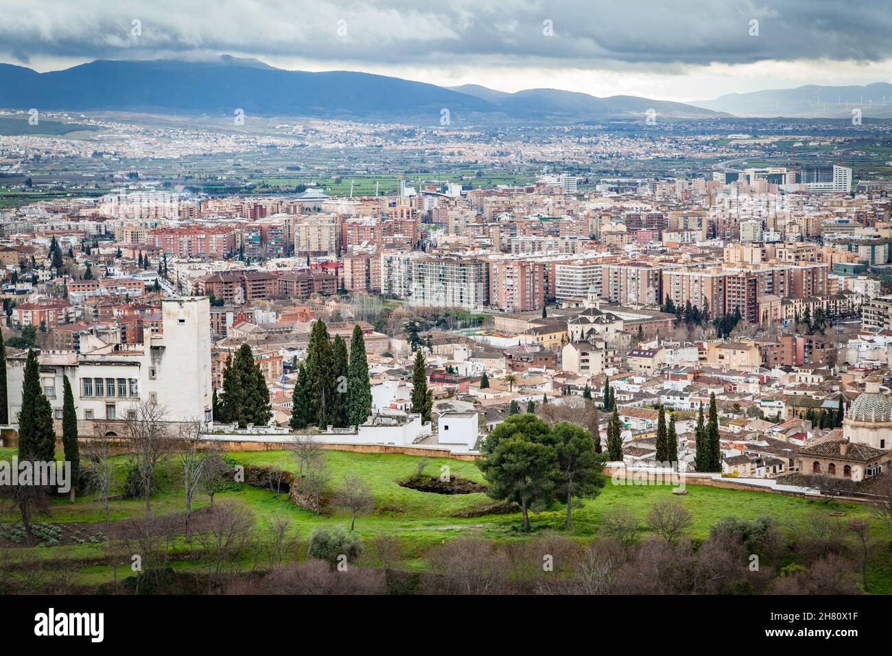 Panoramic view of urban residential districts of Granada city, Spain