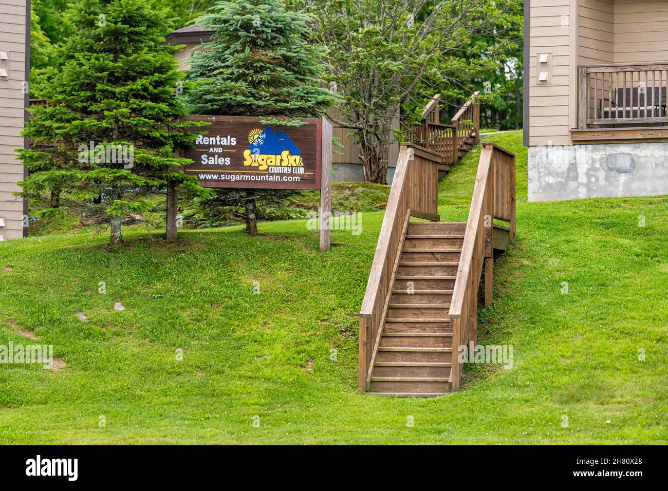 Sugar Mountain, USA June 16, 2021 Ski resort village with sign for