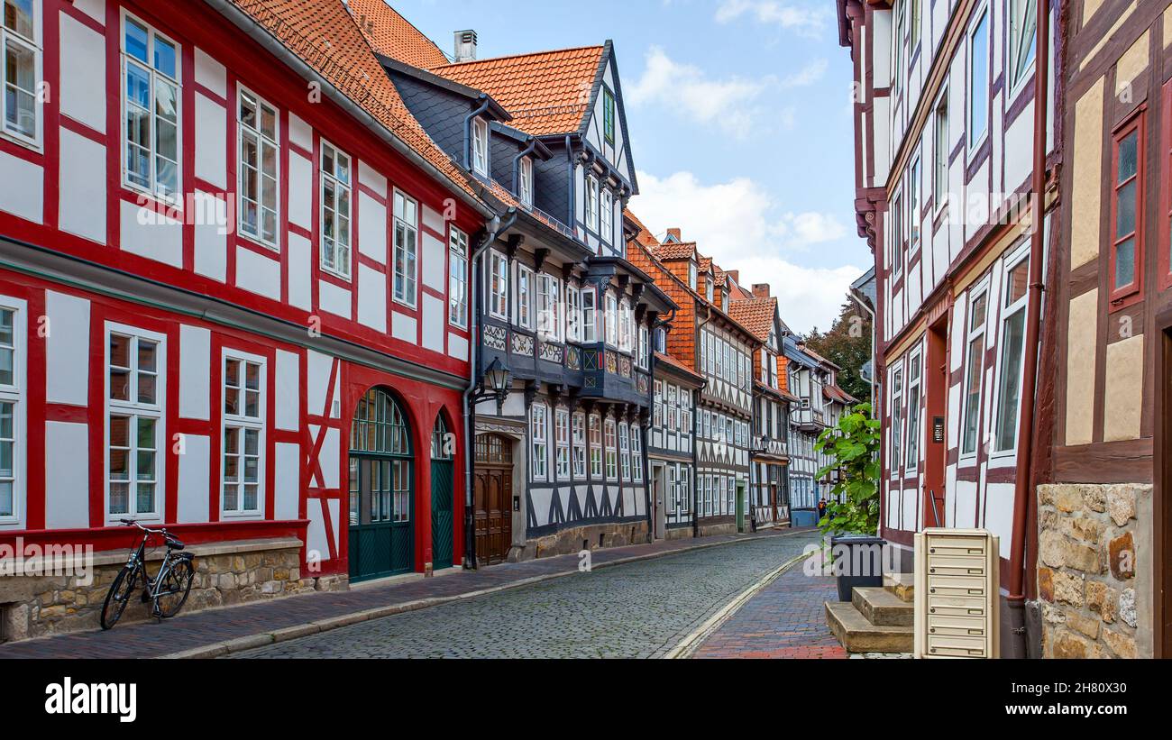 Old street with typical german houses in Hildesheim, Germany Stock