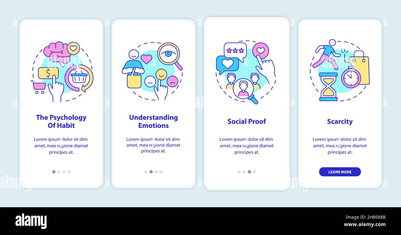 Neuromarketing principles onboarding mobile app page screen Stock Vector