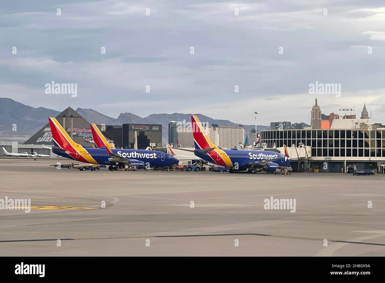 Southwest Airlines Boeing 737 airplanes at the D Gates of Terminal 1 at