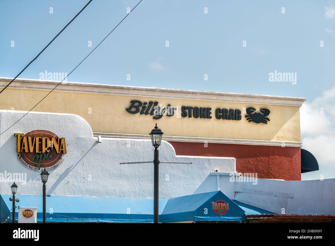 Hollywood, USA - July 8, 2021: Florida city town Billy's stone crab, Opa Taverna restaurant serving seafood fresh food and market at North Miami Beach Stock Photo