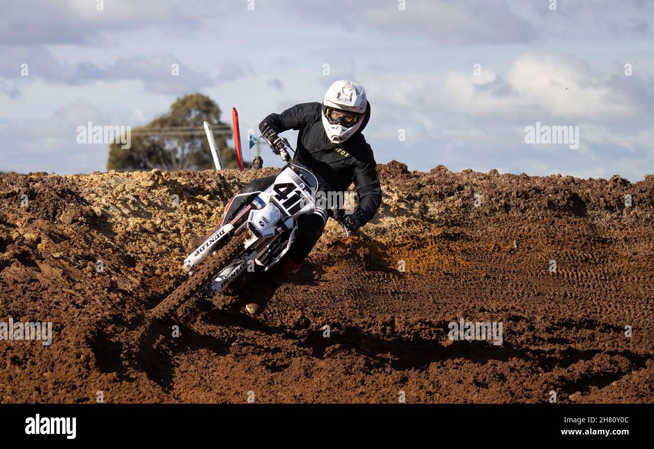 MELBOURN, AUSTRALIA - May 08, 2021: A Motorcross rider practicing on the local track. Stock Photo