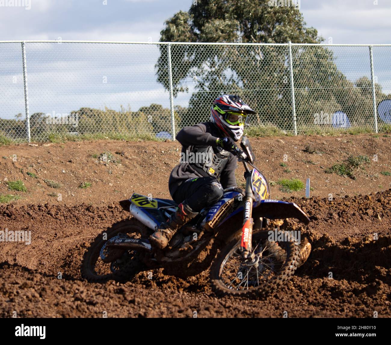 MELBOURNE, AUSTRALIA - May 08, 2021: A dirt bike rider practicing on the local track. Stock Photo